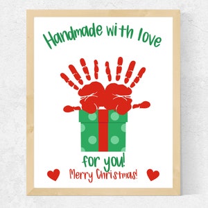 Handabdruck Kunst Weihnachtsgeschenk von Kleinkind Baby Vorschulkinder, Weihnachten Handabdruck Handwerk bedruckbar, handgemachte Schleife Geschenk Weihnachten druckbar