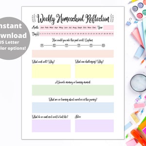 Könnte beinhalten: Druckbarer wöchentlicher Homeschool-Reflexionsplaner mit Abschnitten für die Bewertung der Woche, was gut lief, Herausforderungen, eine Lieblingserinnerung, Lernerfahrungen und Ziele für die nächste Woche. Der Planer hat ein hellrosa, gelbes, grünes, blaues und violettes Farbschema.