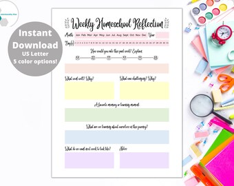 May include: Printable weekly homeschool reflection planner with sections for rating the week, what went well, challenges, a favorite memory, learning moments, and goals for the next week. The planner has a light pink, yellow, green, blue, and purple color scheme.