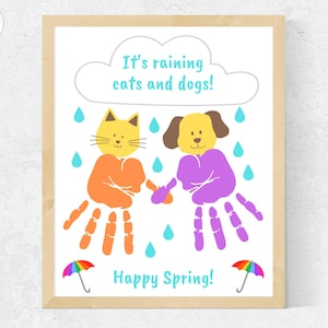 Raining Spring Handprint Craft Printable, Happy Spring Craft for Toddlers Preschool Baby Kids, Raining Cats and Dogs Handprint Art Template