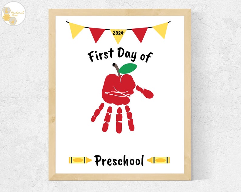 First Day of Preschool Handprint Craft Apple, Back to School Handprint Art, Back to Preschool Craft, 1st Day of Preschool Activity Printable image 1