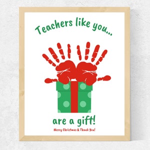 Carte empreinte de main cadeau de Noël pour enseignant d'âge préscolaire, cadeau enseignant pour tout-petit, cadeau enseignante de garderie, carte de remerciement enseignant, empreinte de main de Noël