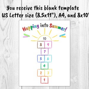May include: A printable hopscotch game template with a sun and the text "Hopping into Summer!" at the top. The numbers 1 through 10 are in squares, with the number 10 at the top and the number 1 at the bottom.