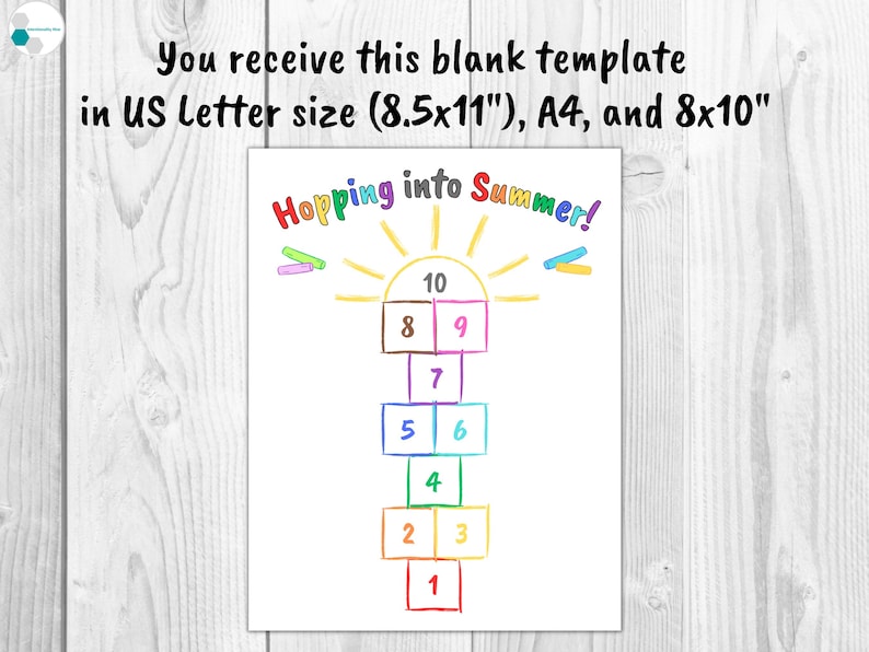 May include: A printable hopscotch game template with a sun and the text "Hopping into Summer!" at the top. The numbers 1 through 10 are in squares, with the number 10 at the top and the number 1 at the bottom.