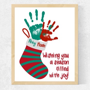 Artisanat d'art empreinte de main de bas de Noël, modèle de carte d'artisanat d'empreinte de main de Noël pour tout-petits bébé préscolaire frères et sœurs 2 enfants, artisanat de bas