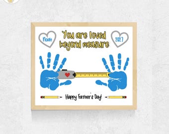 Printbaar knutselwerkje met handafdrukken van een meetlint voor Vaderdag; Meetlint cadeau voor papa van kinderen