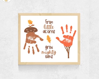 Activité manuelle avec empreintes de mains et glands, Art des empreintes de mains d'automne, Activité manuelle d'automne avec empreintes de mains pour les tout-petits, les bébés et les enfants d'âge préscolaire, Poème d'automne : Petits glands, chênes majestueux