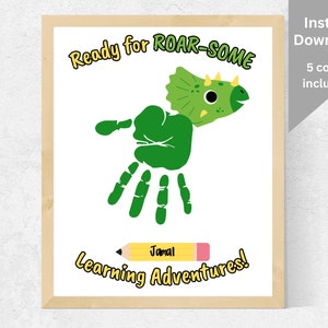 Dinosaur Back To School Handprint Art Craft, My First Day of School Handprint Art, Toddlers Kindergarten Preschool Handprint Craft Activity