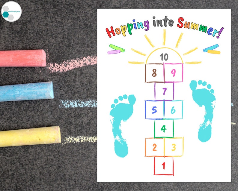 May include: A hopscotch game printed on white paper with the words "Hopping into Summer!" at the top. The game features a sun with rays, blue footprints, and numbered squares in rainbow colors.