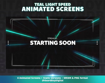 Animated Teal Light Speed Screens For Twitch | Stream Scenes, Overlay Pack, Starting Soon, BRB, Ending, Offline Screen