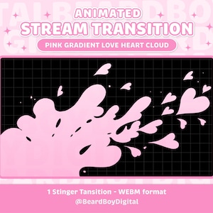 Transición de transmisión animada: nube de corazón de amor rosa / Transición de Twitch, OBS, Recursos de transmisión, Stinger, Lindo, Degradado, Kawaii, Algodón de azúcar