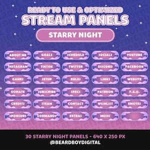 Paquete de paneles de noche estrellada para Twitch / Paneles de transmisión, Recursos de transmisión, Lofi, Kawaii, Paneles lindos, Nubes, Arcoíris, Atardecer, Información, Perfil, lofi