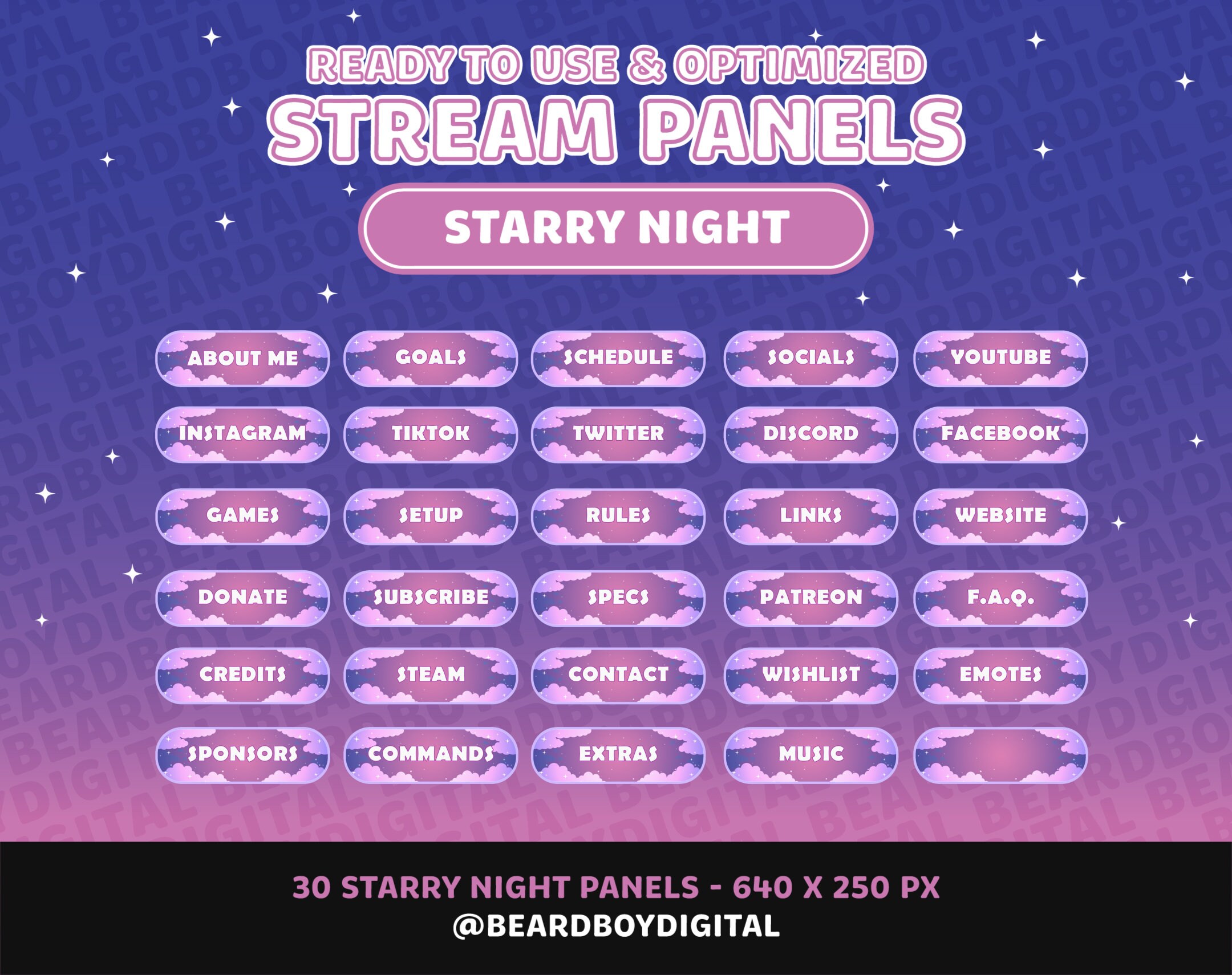 Starry Night Twitch Stream Panels: Kawaii Lofi Pack (digital