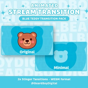 Transición de transmisión animada de osito de peluche azul / Twitch Stinger, OBS, Stream Asset, YouTube, Kawaii, Lindo, Paquete, 2 por 1, Dibujos animados, Transparente