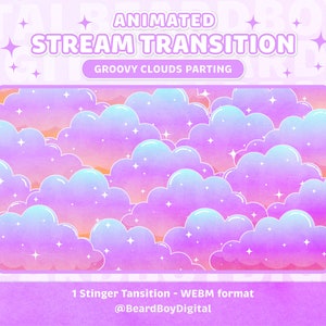 Geanimeerde stroomovergang: groovy pastelwolken | Twitch Stinger, OBS, Stream Asset, YouTube, Zonsondergang, Zachtroze, Sprankelend, Paars, Textuur