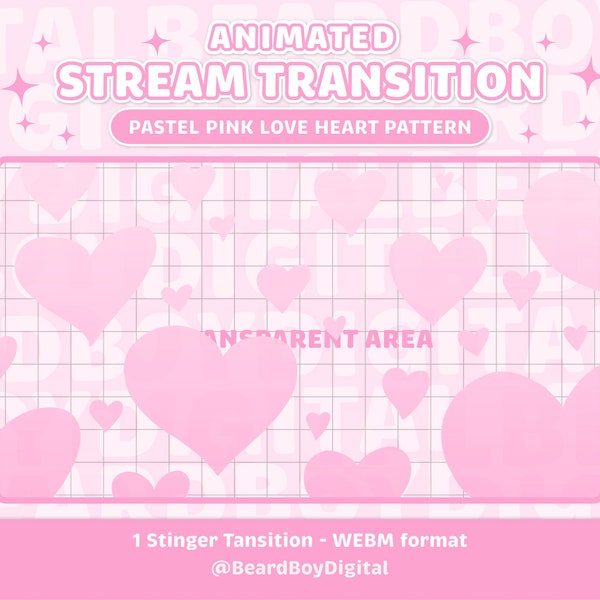 Animated Stream Transition - Soft Pink Love Heart Pattern | Twitch Transition, OBS, Stream Assets, Stinger, YouTube, Gradient, Love heart
