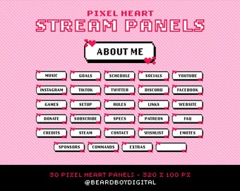 Pixel Heart Panels Pack for Twitch  | Stream Panels, OBS, Stream Assets, Overlay Pack, Lofi, Retro, Valentines, Love Hearts, Pixel-Art