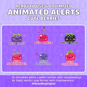 Animated Kawaii Berry Alerts | Twitch, Streaming, Transparent, Cute, Stream Alert, Fruity Raspberry, Blueberry, Twitch Overlay Stream Alerts