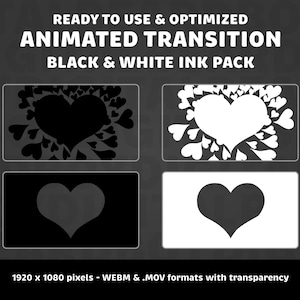 Black & White Love Heart Burst Animated Transition Pack | Twitch, OBS, Stream Assets, Premium, YouTube