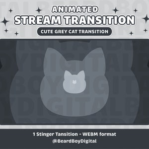 Cute Grey Cat Animated Stream Transition | Twitch Stinger, OBS, Stream Asset, YouTube, Moon, Kawaii, Cat, Kitten, Kitty, Black and White