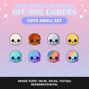 Twitch Sub Badges / Bit Badges - Cute Skull Set / Kawaii / Stream Setup / Bits / Tier / Rainbow / Emoji / Emote / Transparent / Halloween