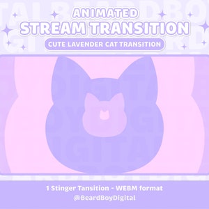 Transición animada de transmisión con lindo gato lavanda / Twitch Stinger, OBS, Stream Asset, YouTube, Luna, Suave, Kawaii, Gato, Gatito, Púrpura, Gatito