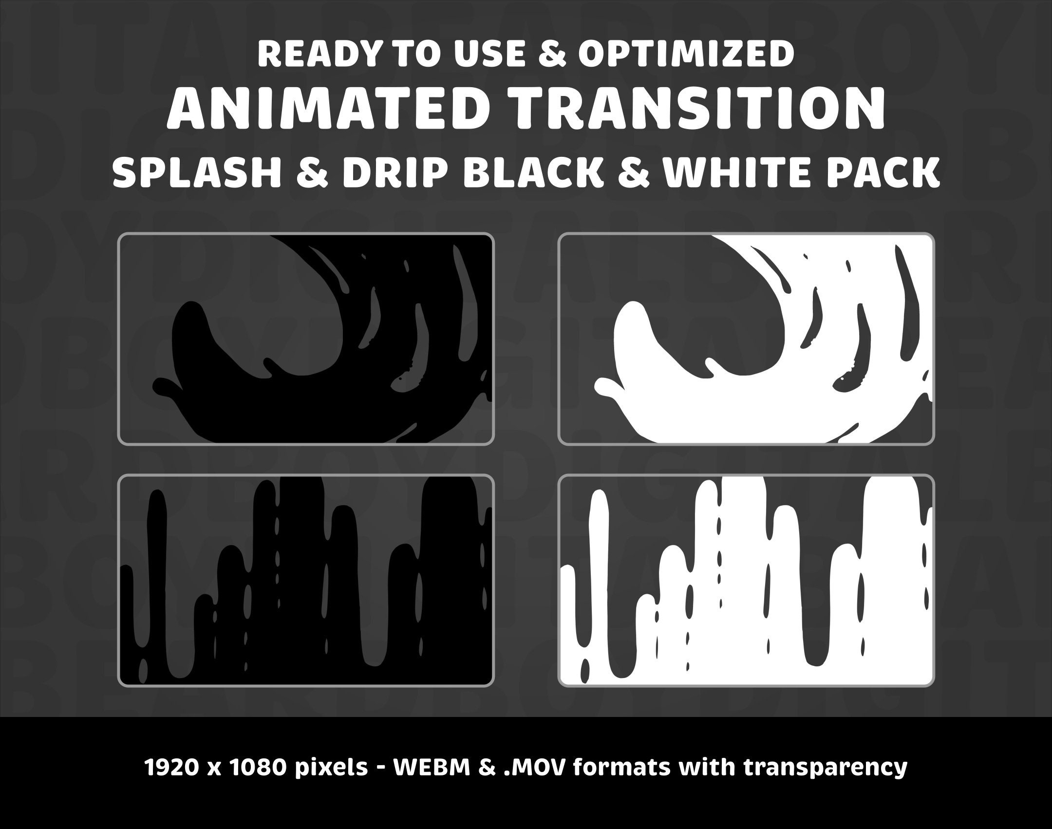 Black and White Splash Stinger Transition Pack for Twitch (Digital Download)