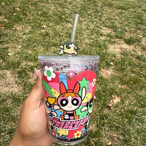 Personalised powerpuff girls Plastic Snowglobe Cup 12oz | plastic cup whit glitter| trendy cup | Disney cup safety for kids