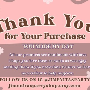Peut inclure: Graphique rose et marron avec les mots "Thank You for Your Purchase". Le texte est entour&eacute; d'&eacute;l&eacute;ments floraux d&eacute;coratifs et comprend les informations Instagram et Etsy de la boutique.