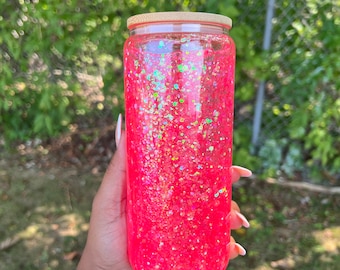 Boule de neige rose vif, tasse 16 oz | boule à neige avec manche 16 oz | Gobelet boule à neige rose fuchsia | Tasse pailletée