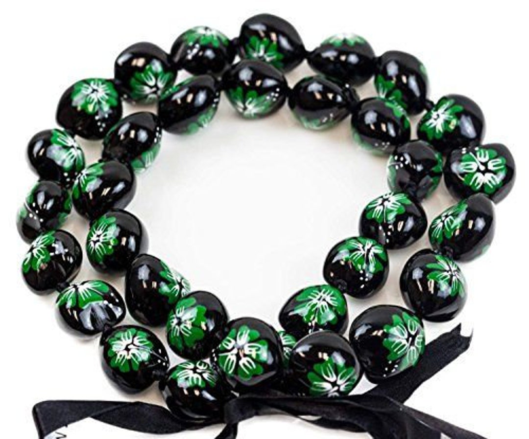 Hawaiian Style Kukui Nut Lei Hibiscus Hand Painted Green Flower 32
