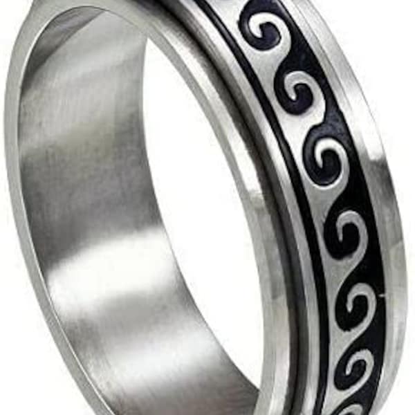 Hawaiian Wave Spinner Silver Stainless Steel Ring 8mm Band Men and Women