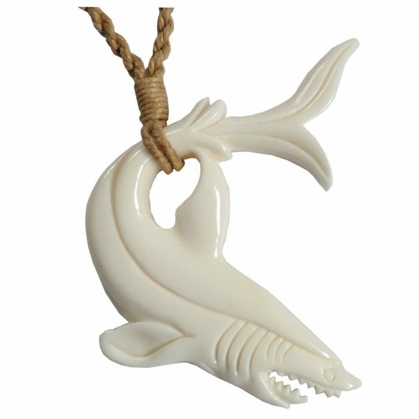 Hawaiian Carved Bone Mako Shark and Cord Necklace