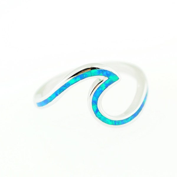 925 Sterling Silver Syntactic Blue Opal Hawaiian Beach Ocean Wave Ring