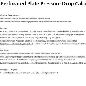 Könnte beinhalten: Ein Dokument mit dem Titel "Perforated Plate Pressure Drop Calculator for Gas Flows" mit allgemeinen Annahmen, Quellen, einem Haftungsausschluss und einem Copyright-Hinweis. Das Dokument ist mit weißem Hintergrund und schwarzem Text formatiert.