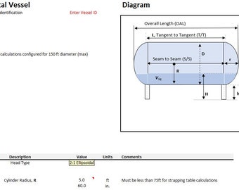 Chemical Engineering Vessel Volume Calculator Spreadsheet, Excel, Horizontal & Vertical Vessels, Strapping Tables, Digital Download