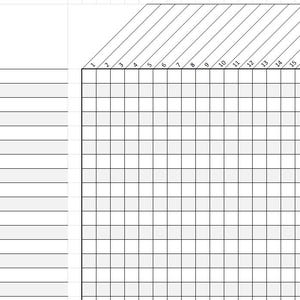May include: A spreadsheet with a grid of squares and numbered columns. The top section has diagonal lines. The left side has a series of horizontal lines. The grid is designed for data entry and organization.