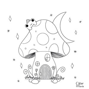 May include: A black and white line drawing of a mushroom house with a crescent moon roof. A small frog sits on top of the mushroom. The house has a door and windows. There are flowers and vines around the base of the mushroom. The text "Otter faerie" is in the bottom right corner.