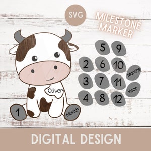 Marcador de hito de vaca SVG / Archivo láser intercambiable / Compatible con Glowforge / Regalo para baby shower / Decoración de animales de granja / Descarga digital