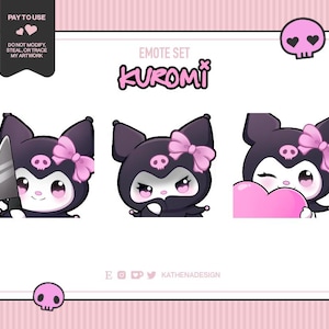 Könnte beinhalten: Ein Set aus drei digitalen Emoticons mit einer schwarzen und pinken Comicfigur mit einem Totenkopf und gekreuzten Knochen auf dem Kopf. Die Figur ist mit einem Messer, einem ernsten Ausdruck und einem rosa Herzen dargestellt.