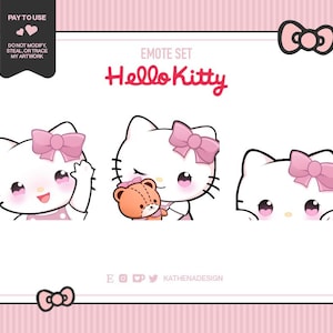 May include: Three digital illustrations of Hello Kitty in different poses. The first shows Hello Kitty waving with a pink bow. The second shows Hello Kitty holding a brown teddy bear with a pink bow. The third shows Hello Kitty peeking out from behind a white background with a pink bow.