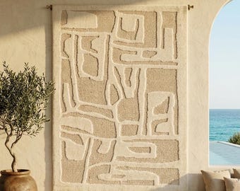 Handmade New Zealand Wool Rug, Abstract Geometric Neutral Carpet, Scandinavian Minimalist Decor