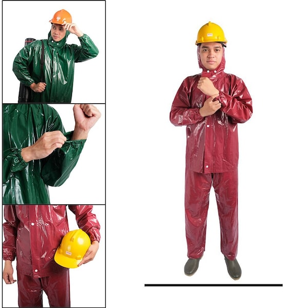 Raincoat Jacket and Pants Made of Thick PVC with Adhesive on Wrists and Legs Rainsuit with Middle Button Zipper and Attached Hood