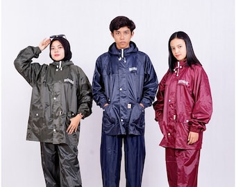 Nylon Raincoat Suit Jacket and Trousers with Attached Hood, Rubber Sleeves and Zipper - Comfortable Raincoat in cold weather N43 Nylon