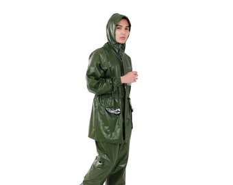 Raincoat Parka Vinyl Jacket and Pants Suit with Zipper Rubber Sleeves and Belt Rainwear Cloak for Adult Men and Women Rainsuit Infinity