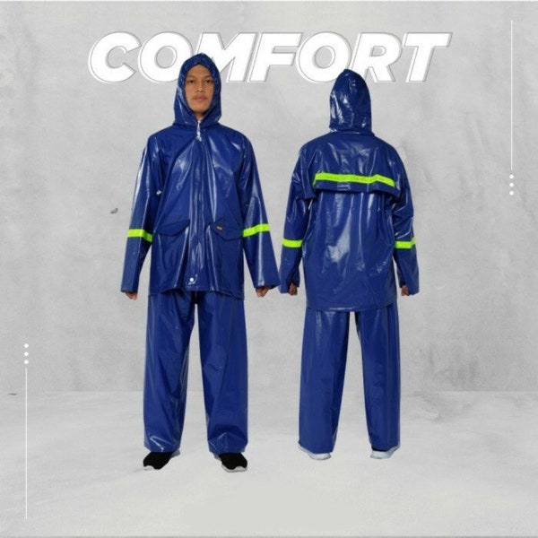 Veste et pantalon imperméables avec fermeture éclair et capuche Matériau de l'habit de pluie en PVC Matériau de bonne qualité Vêtements de pluie Confort pour adultes, hommes et femmes