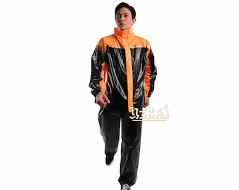 May include: A black and orange raincoat with a zipper and snap closure. The raincoat has a hood and is made of a shiny, waterproof material.