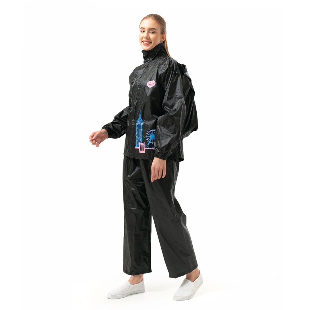 Raincoat Jacket and Pants Zipper Cover Back Bag Room and Hood PVC Good