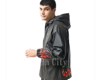 Men's and women's waterproof raincoats, trousers and jackets, flame pattern