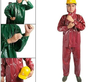 Raincoat Jacket and Pants Made of Thick PVC with Adhesive on Wrists and Legs Rainsuit with Middle Button Zipper and Attached Hood